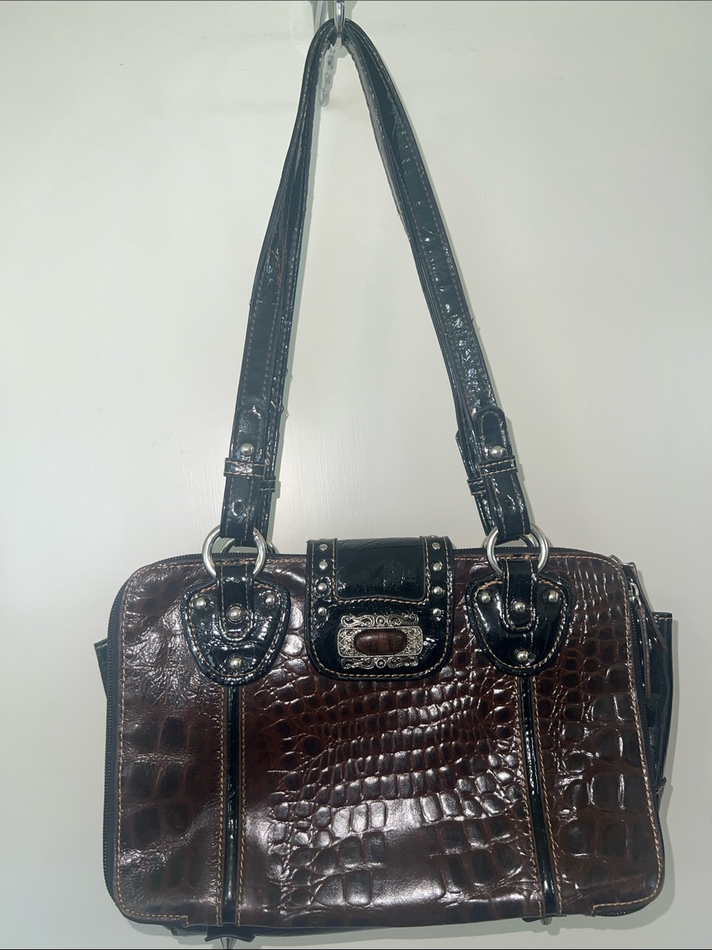 Croc-Embossed Dark Brown Shoulder Bag with Black Trim
